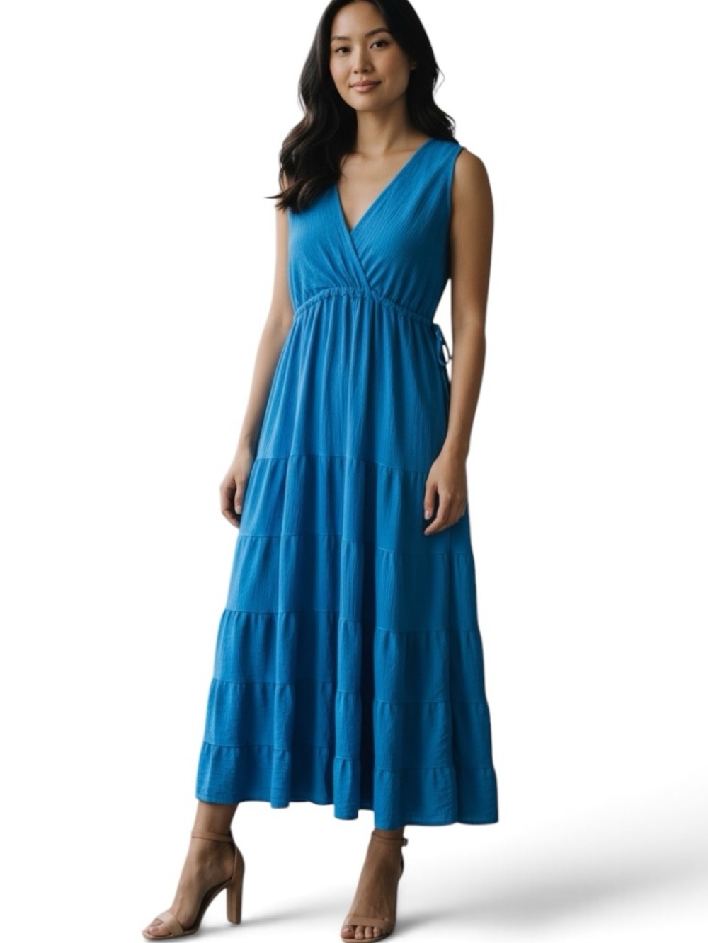 NWT Max Studio Teal Tiered Maxi Dress Sleeveless V-Neck Side Tie Blue XS